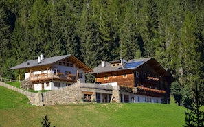 Two wooden houses with balconies, stone walls, and a stone staircase leading to the entrance.