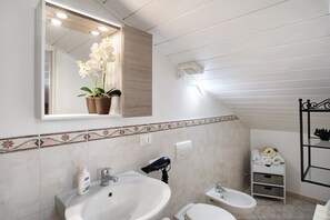 A bathroom with a large sink, a mirror, a hairdryer, a toilet, and a towel rack. - Holiday Apartment 'Casa Intimissima' with Air Conditioning (Imperia)