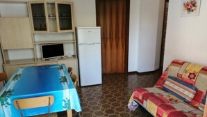 Habitació amb taula de dinar, cadires, sofà, nevera i armari amb portes de vidre.