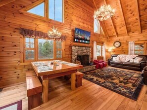 Smart TV, fireplace, books