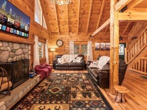 Smart TV, fireplace, books