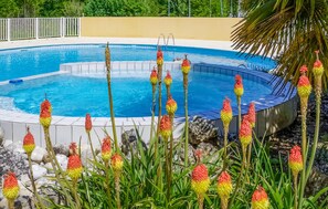 Una piscina con borde de azulejos blancos, rodeada de rocas y plantas verdes.