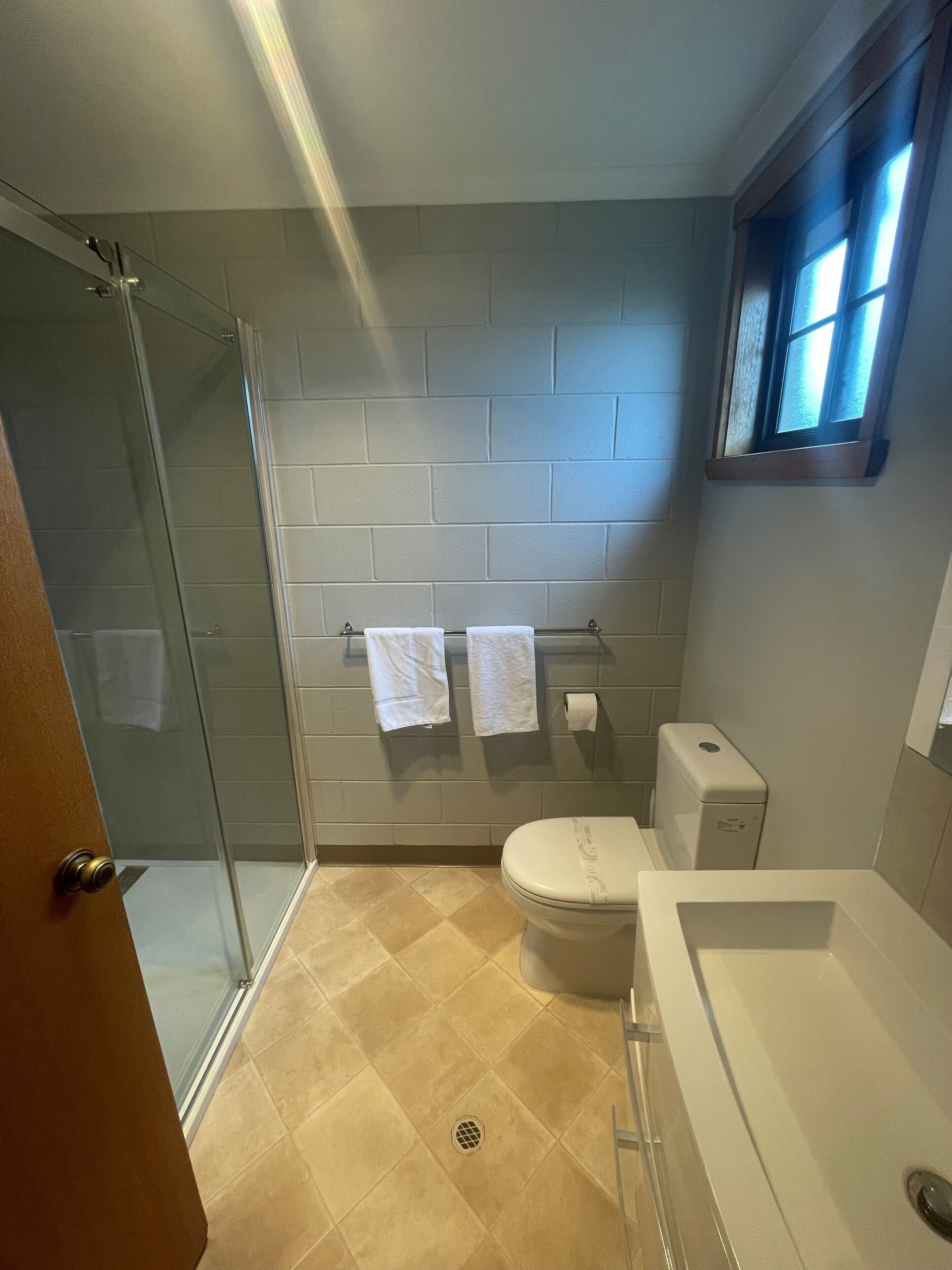 Un baño con cabina de ducha de vidrio, inodoro, lavamanos y ventana.