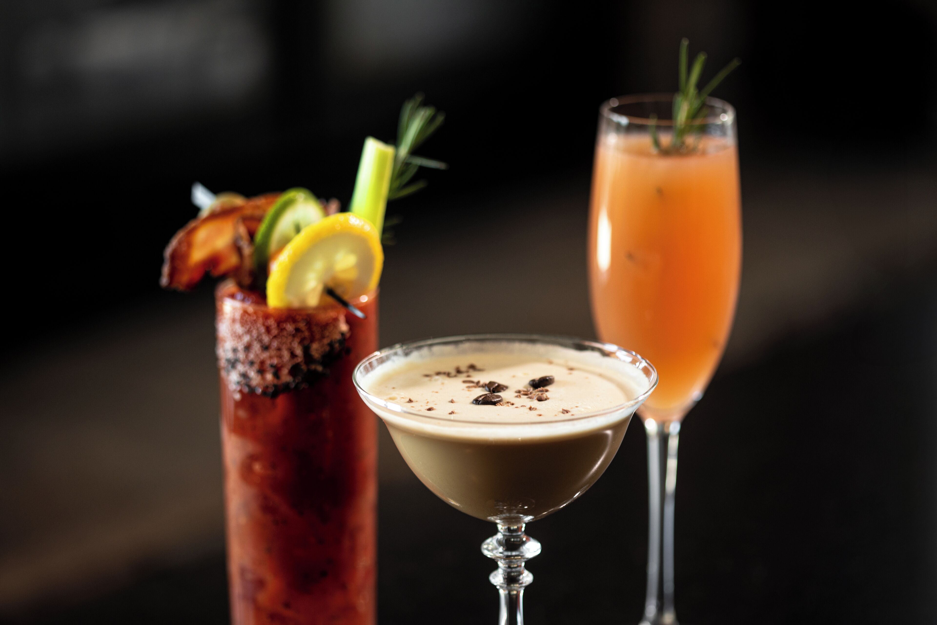 Two cocktails in martini glasses, one garnished with lemon and celery, and the other with a sprig of rosemary.