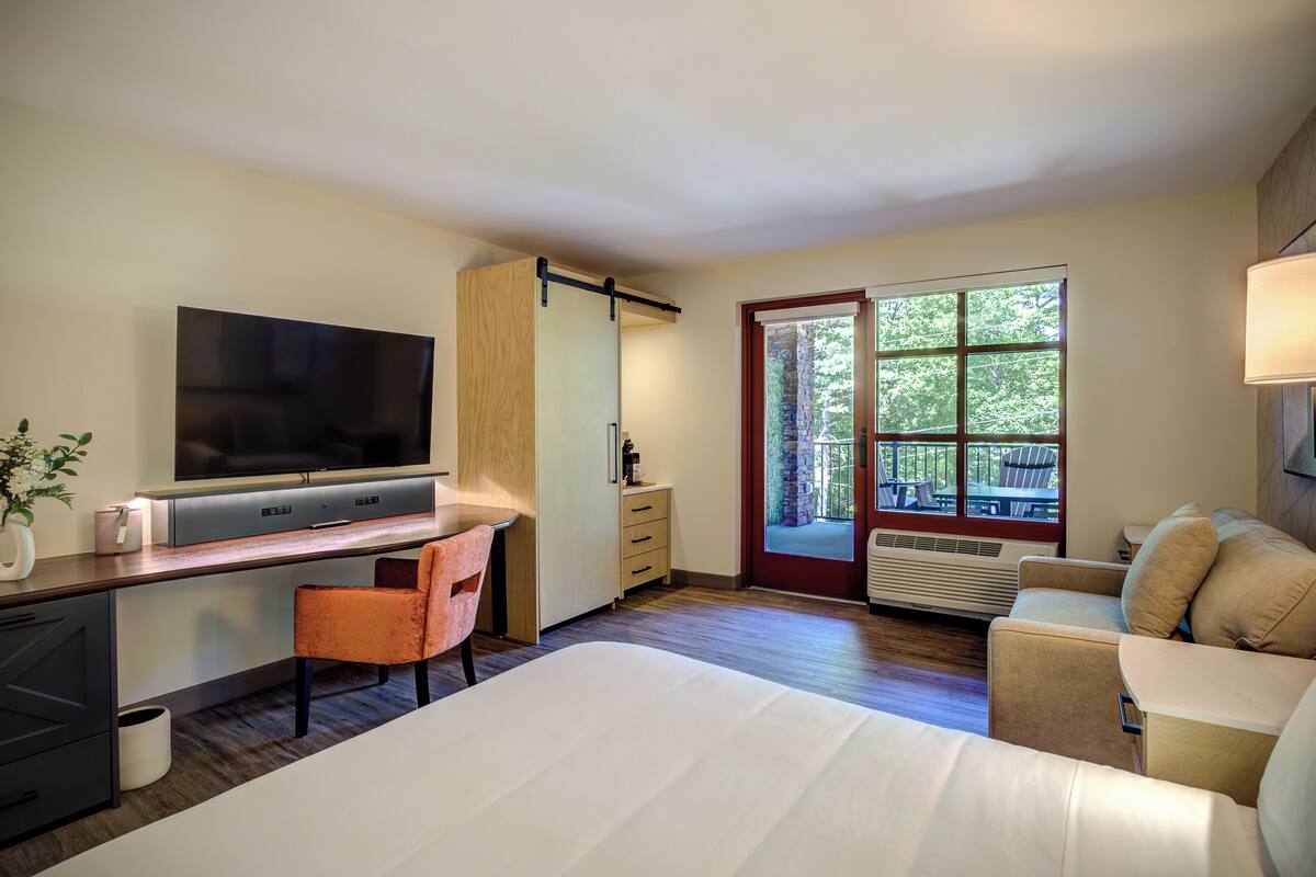 A modern bedroom with a bed, a desk, a TV, and a view of a deck.