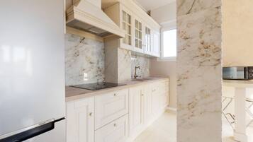 Fridge, microwave, stovetop, electric kettle