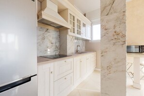 Fridge, microwave, stovetop, electric kettle