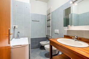 Shower, hair dryer, bidet, towels
