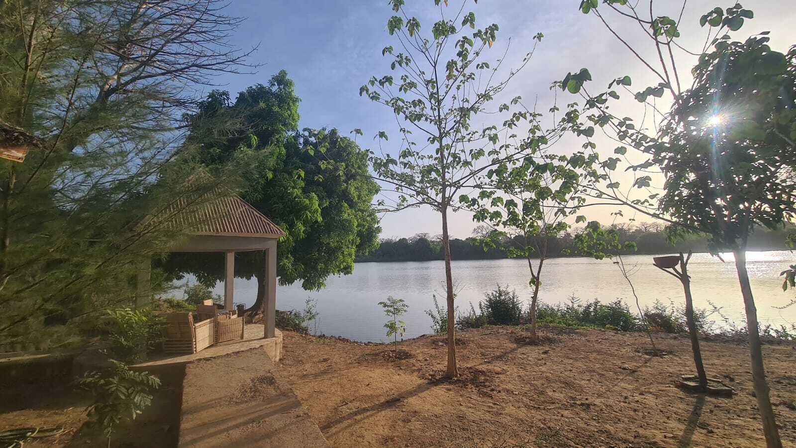 Un porxo a la vora d'un llac, amb arbres i un cel serè.