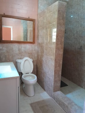 Bathroom features a toilet, sink, and shower area with a glass door.