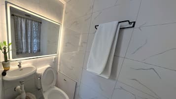 Secadora de cabello, toallas, jabón, papel de baño