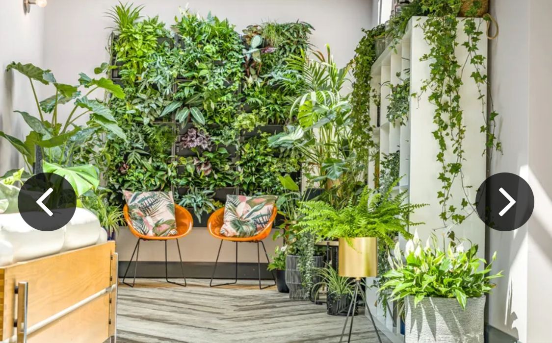 Hotellihuone, jossa on kalanruotokuviollinen lattia, puinen sänky, kaksi oranssia tuolia ja seinä, joka on peitetty erilaisilla kasveilla.
