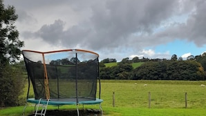 A trampoline in a grassy field with a cloudy sky.