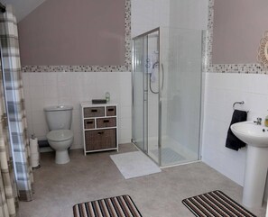 Shower, hair dryer, towels, shampoo