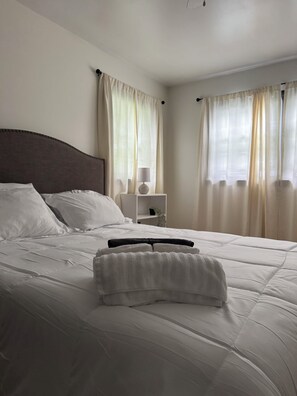 A neatly made bed with white linens, a dark headboard, and a bedside table with a lamp. - 2 BR 1 Ba apartment, 2 min walk to Albany Med, w/ off street parking & Washer/D (Albany)