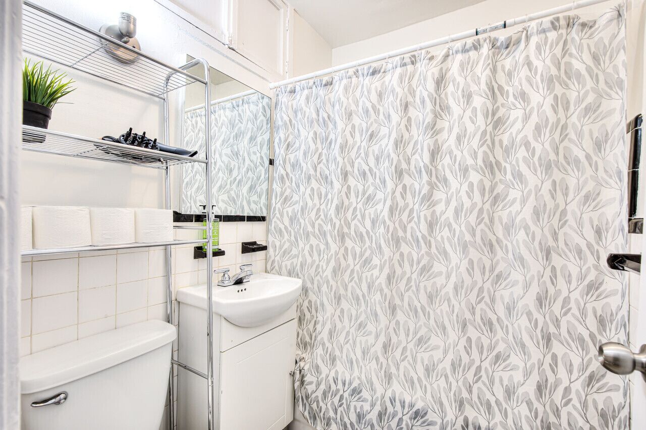 A bathroom with a white toilet, a white sink, a shower curtain with a leaf pattern, a shelf with toiletries, and a small potted plant.