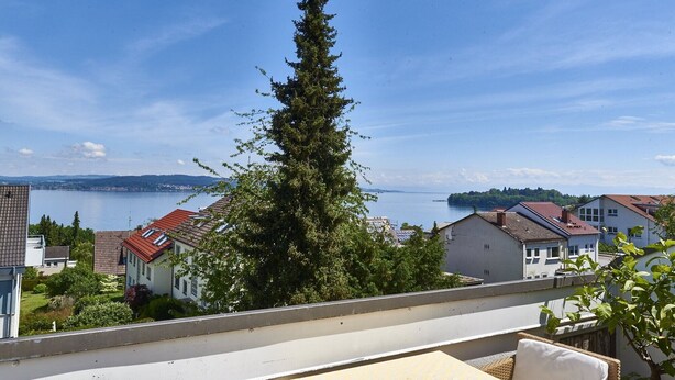 A balcony with a view of a lake, houses, and a tall tree. - Holiday Apartment 'Bodenseeblick' with Lake View, Balcony and Wi-Fi (Konstanz)