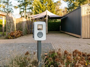 Electric vehicle charging station in a serene garden setting, offering convenient charging for your vehicle.