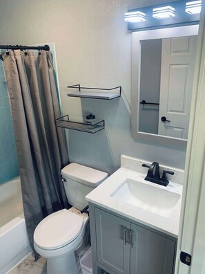 Shower, hair dryer, towels