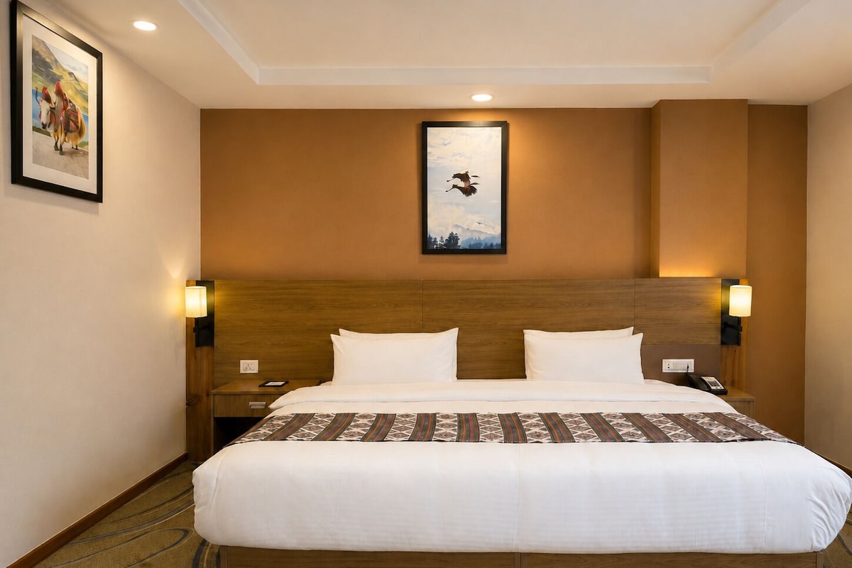 A hotel room with a large bed, two bedside tables, a nightstand, a framed picture on the wall, and a ceiling light.