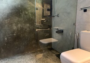 Ducha, secador de pelo, toallas, jabón