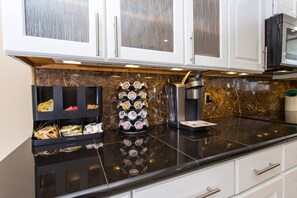 Fridge, microwave, dishwasher, coffee/tea maker