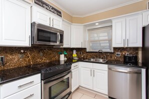 Fridge, microwave, dishwasher, coffee/tea maker