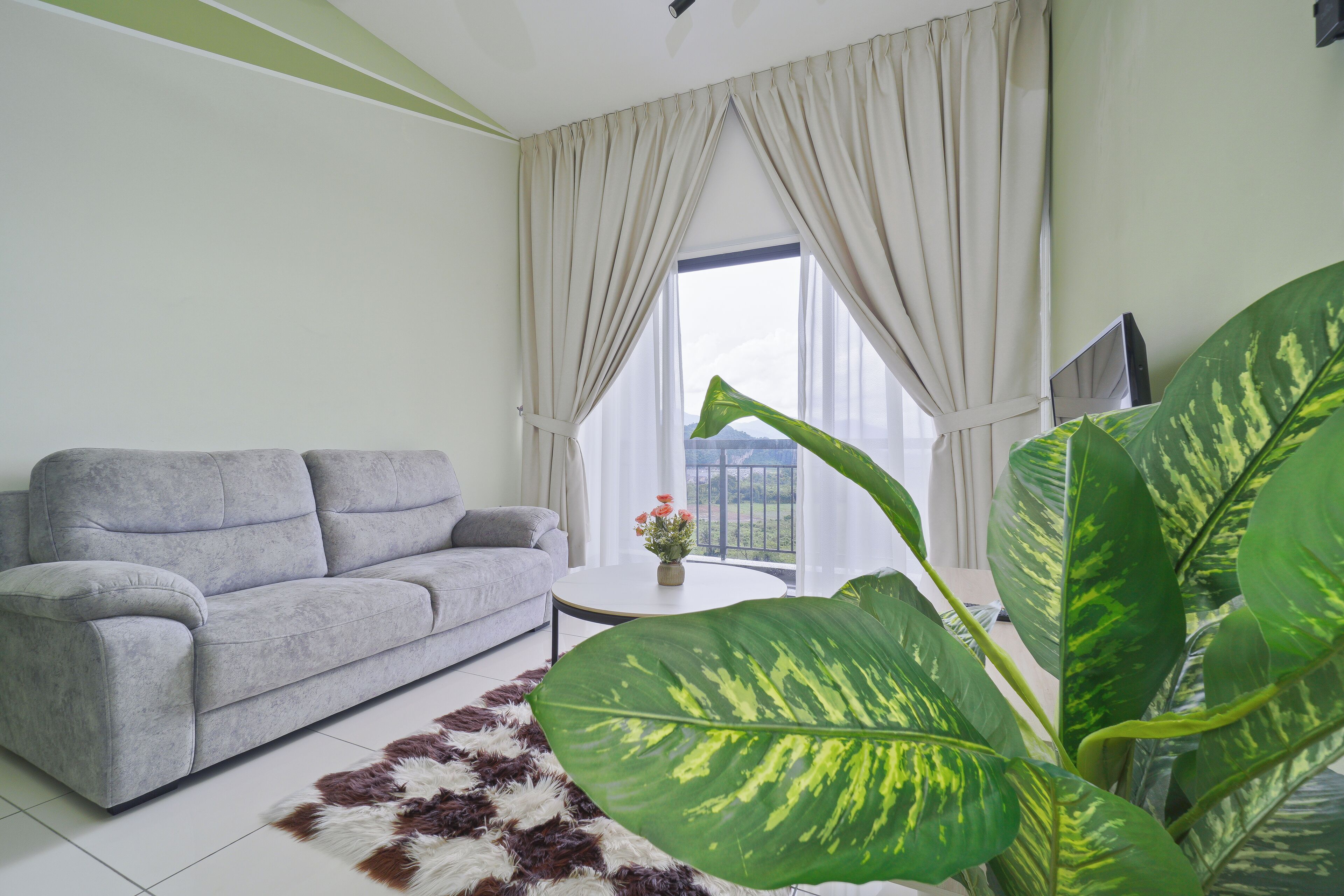 A living room with a grey sofa, a white coffee table, a large green plant, and a view through the window.