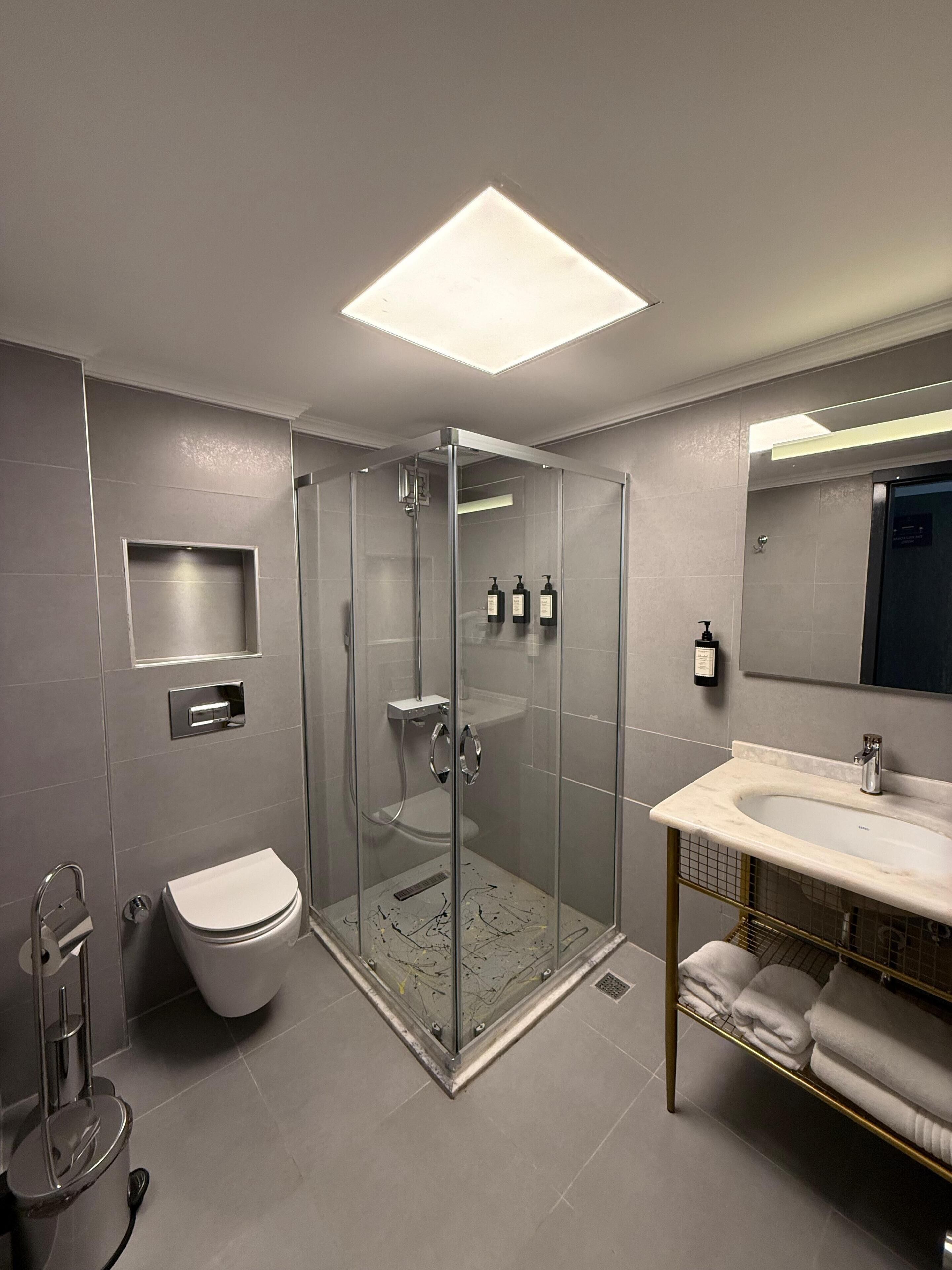 A modern bathroom with a glass-enclosed shower, a toilet, a sink with a gold frame, and a mirror above the sink.