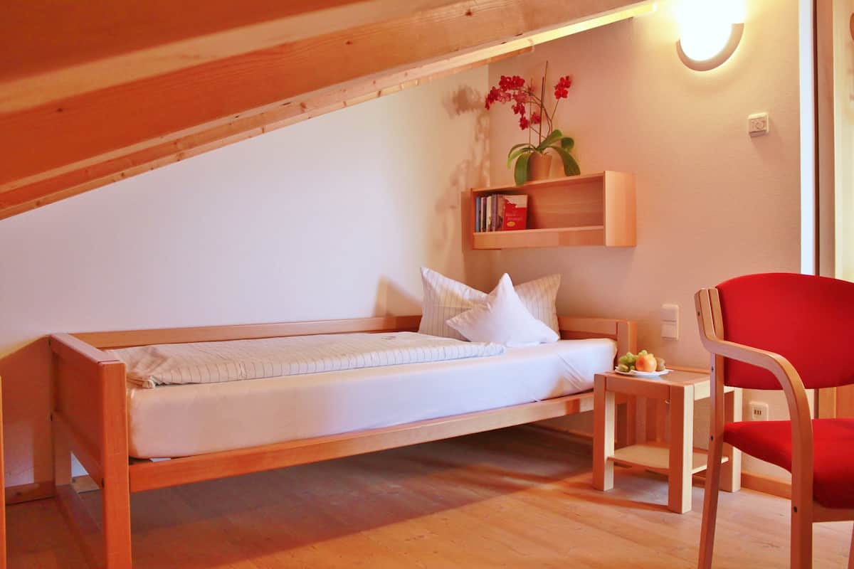 Un lit simple avec un cadre en bois, une petite table de chevet avec une lampe, une chaise rouge et une étagère avec des livres et une plante.