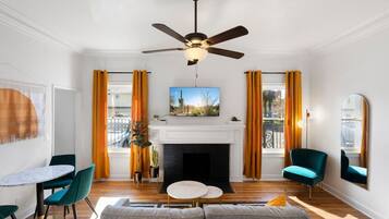 TV, fireplace, books