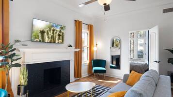 TV, fireplace, books