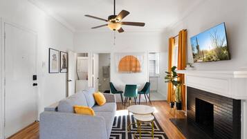 TV, fireplace, books