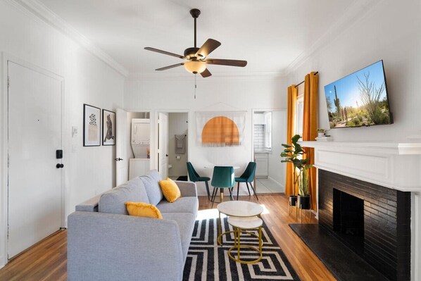 TV, fireplace, books