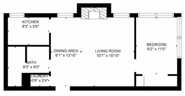 A floor plan with a kitchen measuring 8'3' x 5'6', a dining area of 6'1' x 13'10', a living room of 10'7' x 15'10', a bathroom of 8'3' x 8'0', and a bedroom of 8'2' x 11'5'.