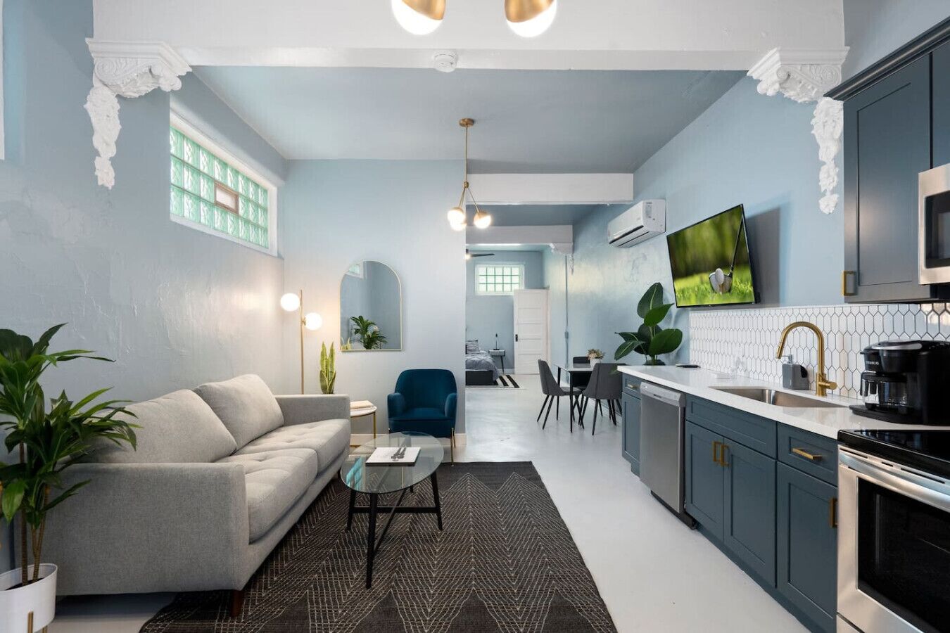 TV, fireplace, books