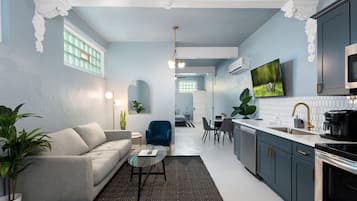 TV, fireplace, books