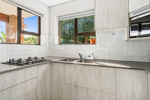 A kitchen with a built-in gas stove, a sink, and a window overlooking greenery. - Zaria Sun Cottage (Cape Town)