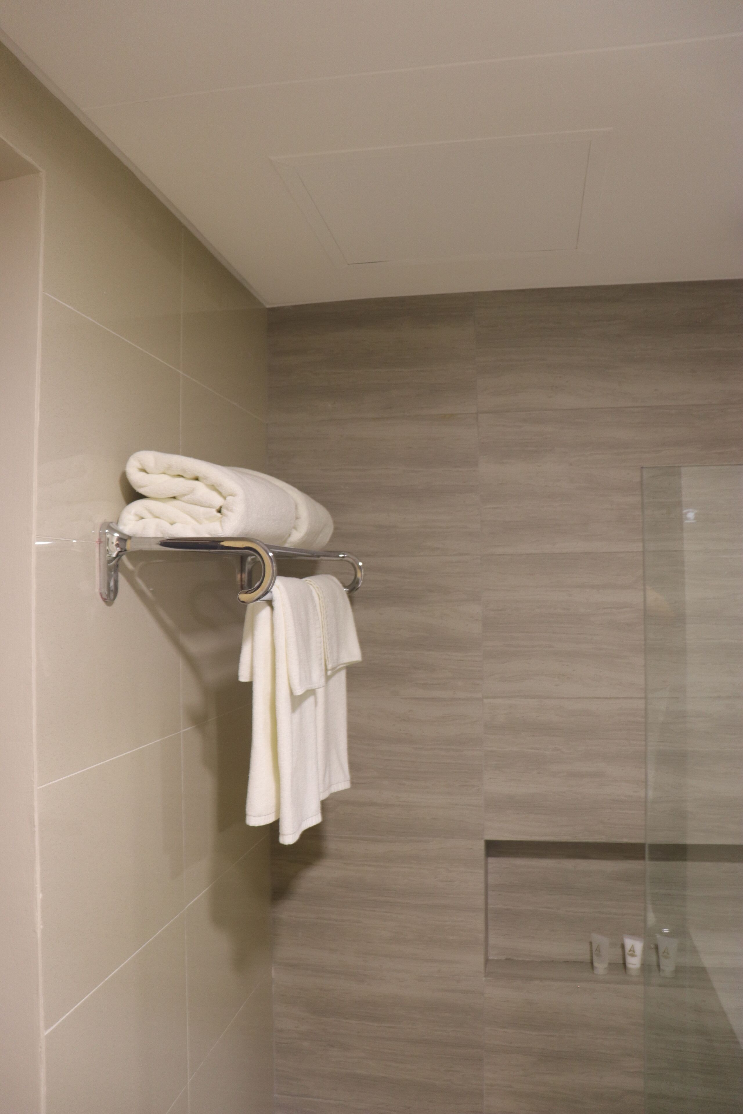 Une salle de bain avec un porte-serviettes où sont pliées les serviettes et une cabine de douche en verre.