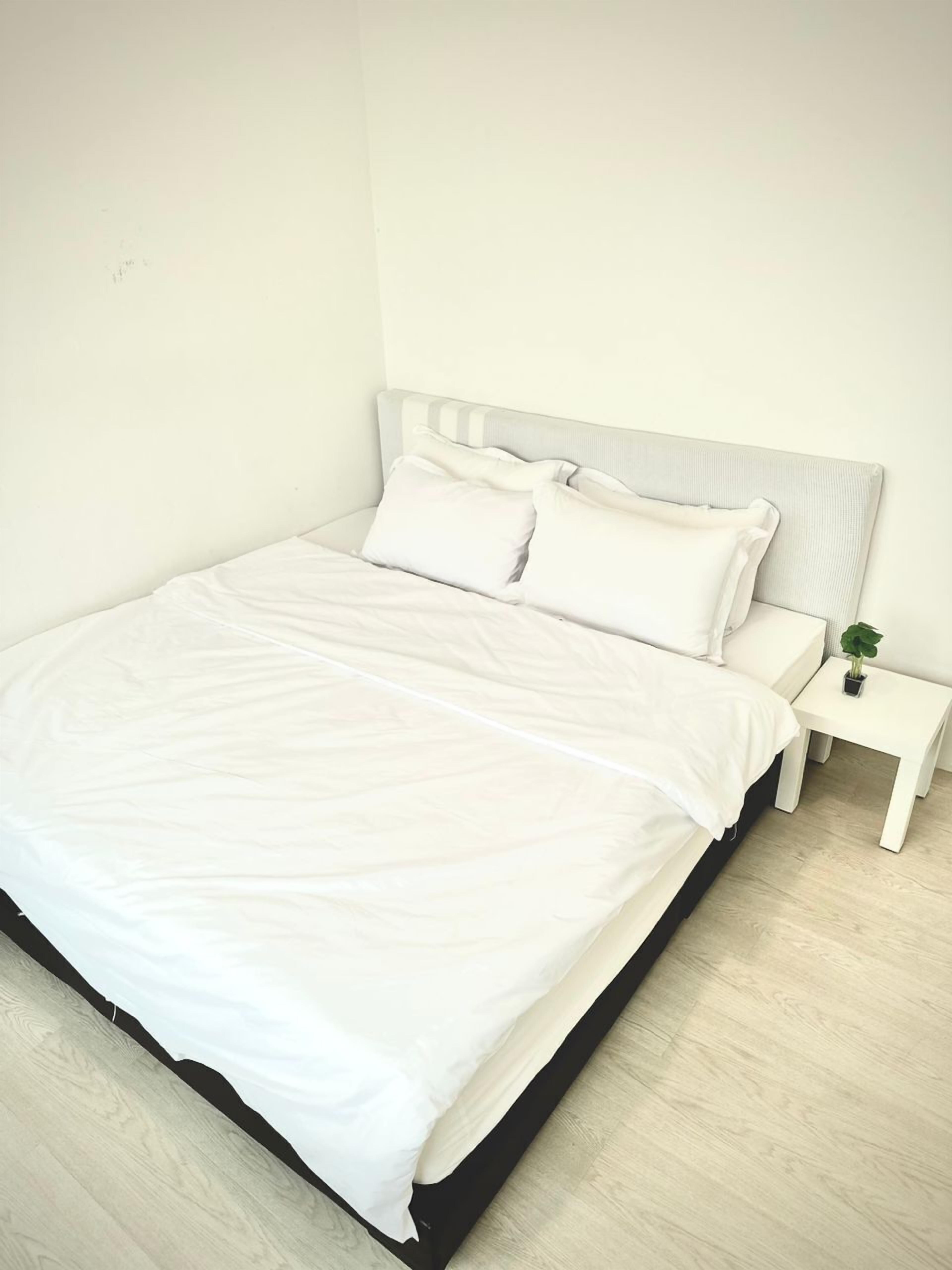 Una cama bien hecha con sábanas y almohadas blancas, una mesita de noche con una planta, y un suelo de madera clara.