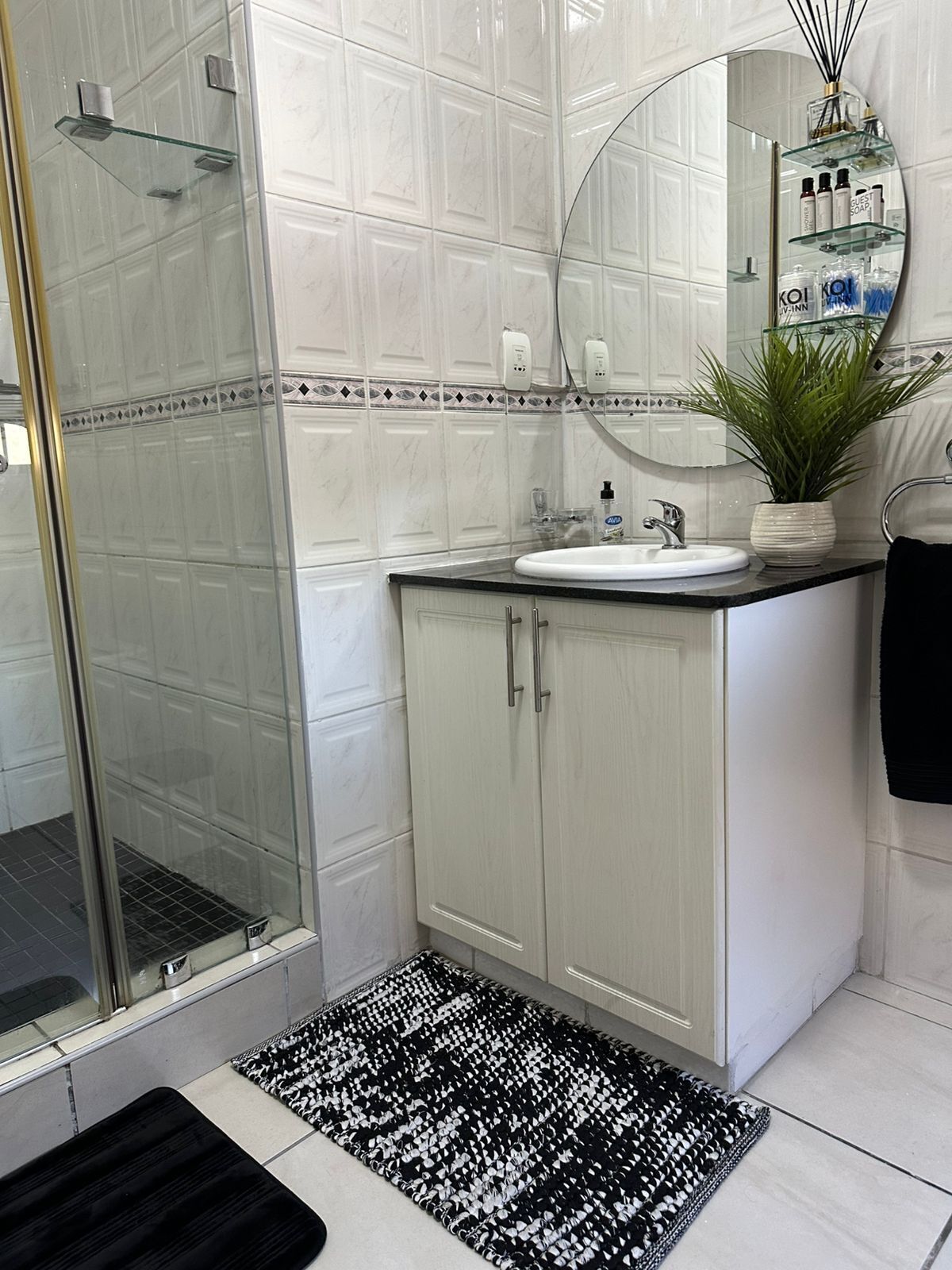 A bathroom with a glass shower enclosure, a sink with a mirror above it, and a potted plant on the countertop.