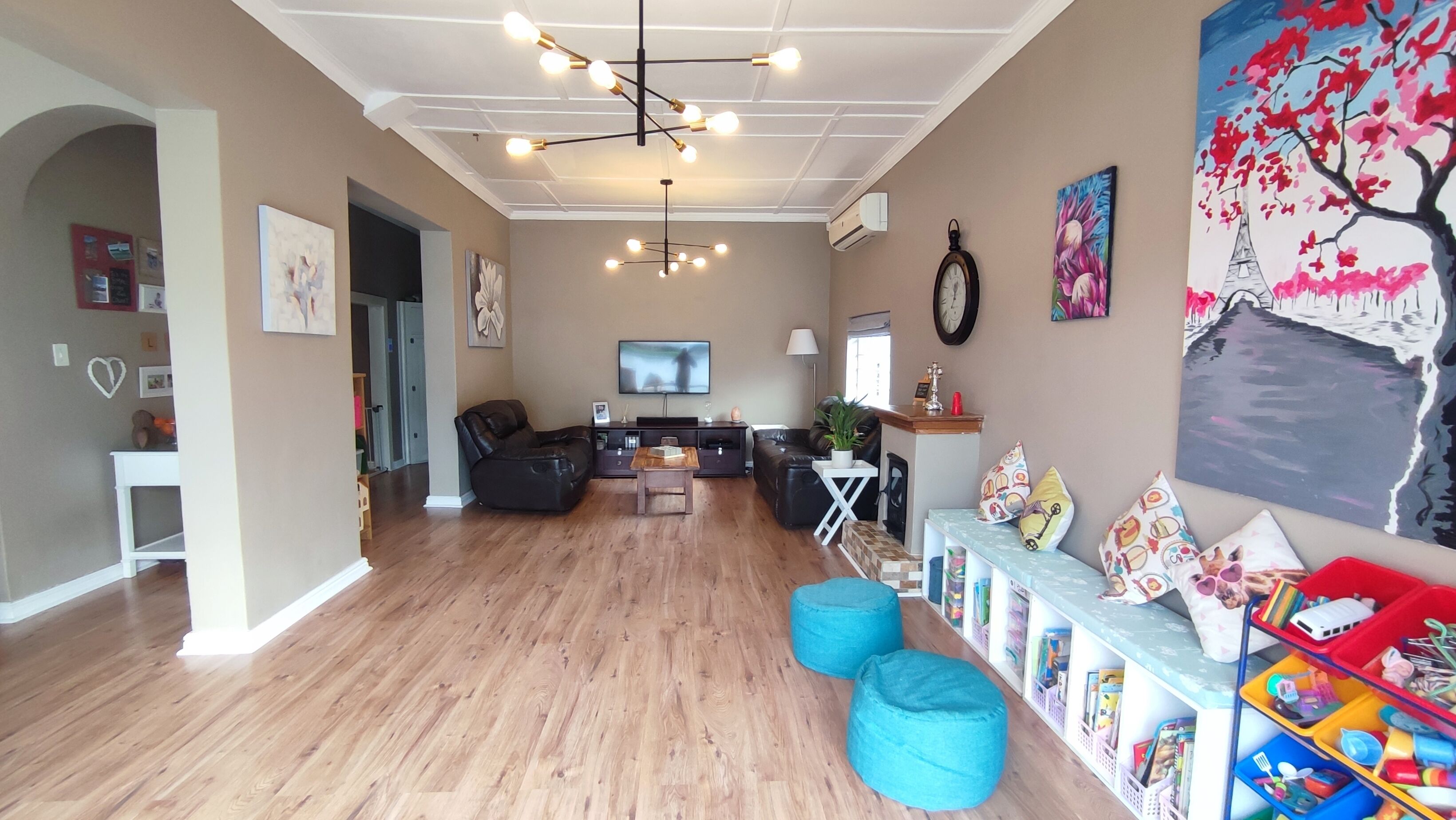 Smart TV, fireplace, DVD player, books