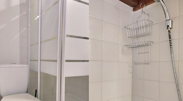 Shower, hair dryer, towels, toilet paper
