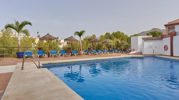Zwembad met blauw water, omringd door ligbedden en palmbomen.
