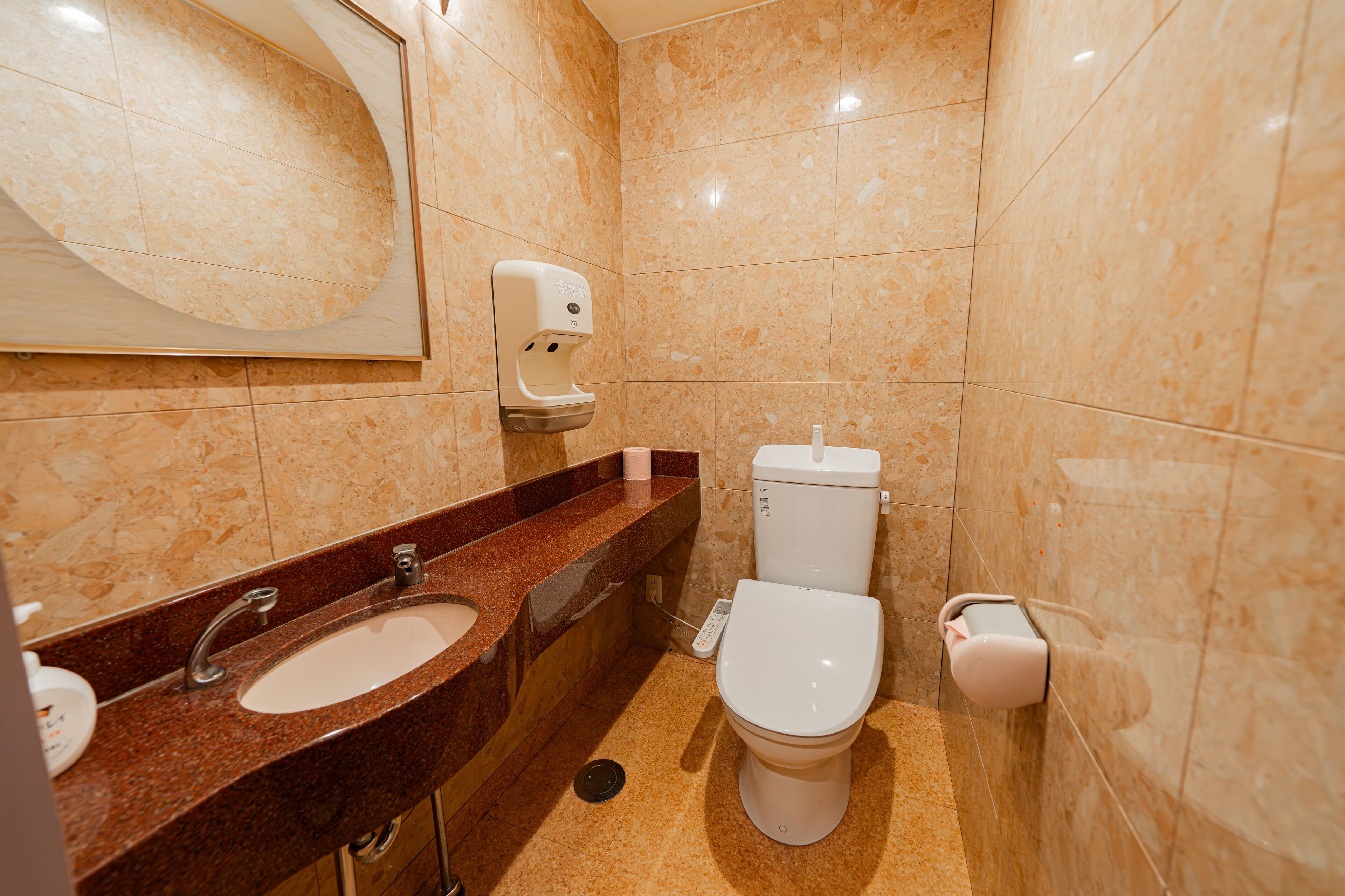 Un bagno con lavandino in marmo, un water e un asciugamani ad aria.