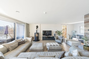 Smart TV, chimenea, libros y oficina 