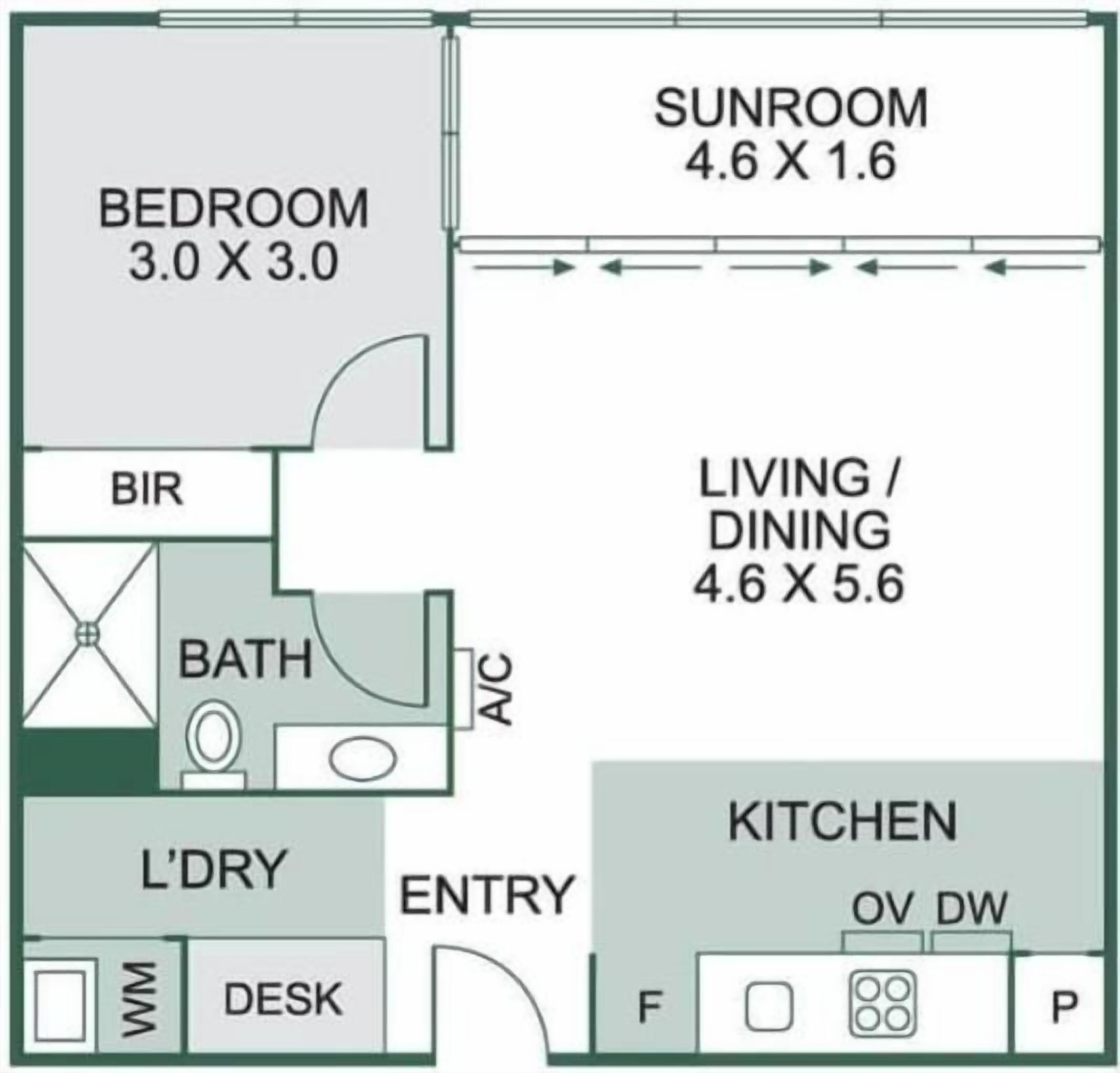 Ein Grundriss mit Schlafzimmer, Wintergarten, Wohn-/Essbereich, Küche, Bad und Eingangsbereich.