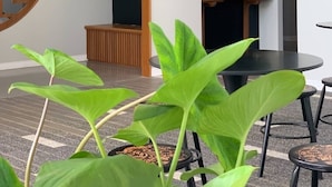 Un intérieur moderne avec une cloison ronde en bois, une table noire et des plantes vertes.