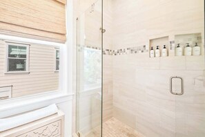 Shower, hair dryer, shampoo