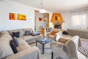 TV, fireplace, DVD player, books